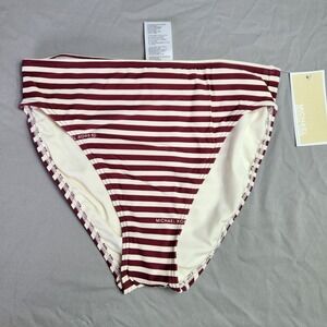 Michael Kors High Leg Bikini Bottom Striped Logo Words Swimsuit Ruby Size XS NWT